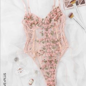 Embroidered mesh lace up teddy bodysuit